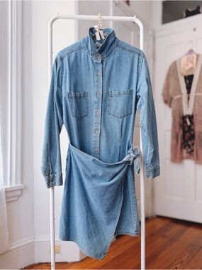 Vintage 90s Le Bon Original Jeans collared denim short shirt dress w wrap bottom